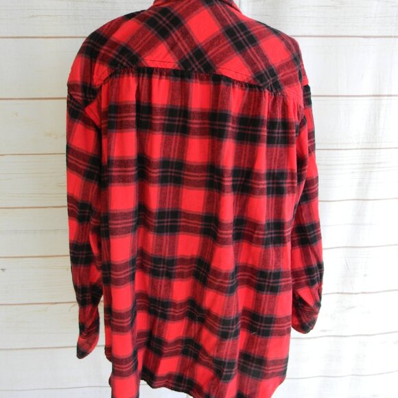 TERRA & SKY RED/BLACK PLAID BUTTON DOWN TUNIC BLOUSE TOP SZ 2X FLANNEL - Picture 3 of 3